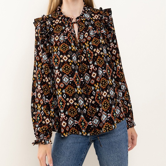 22 Bohemian Print Ruffle Self Tie Neck Blouse - Picture 6 of 6